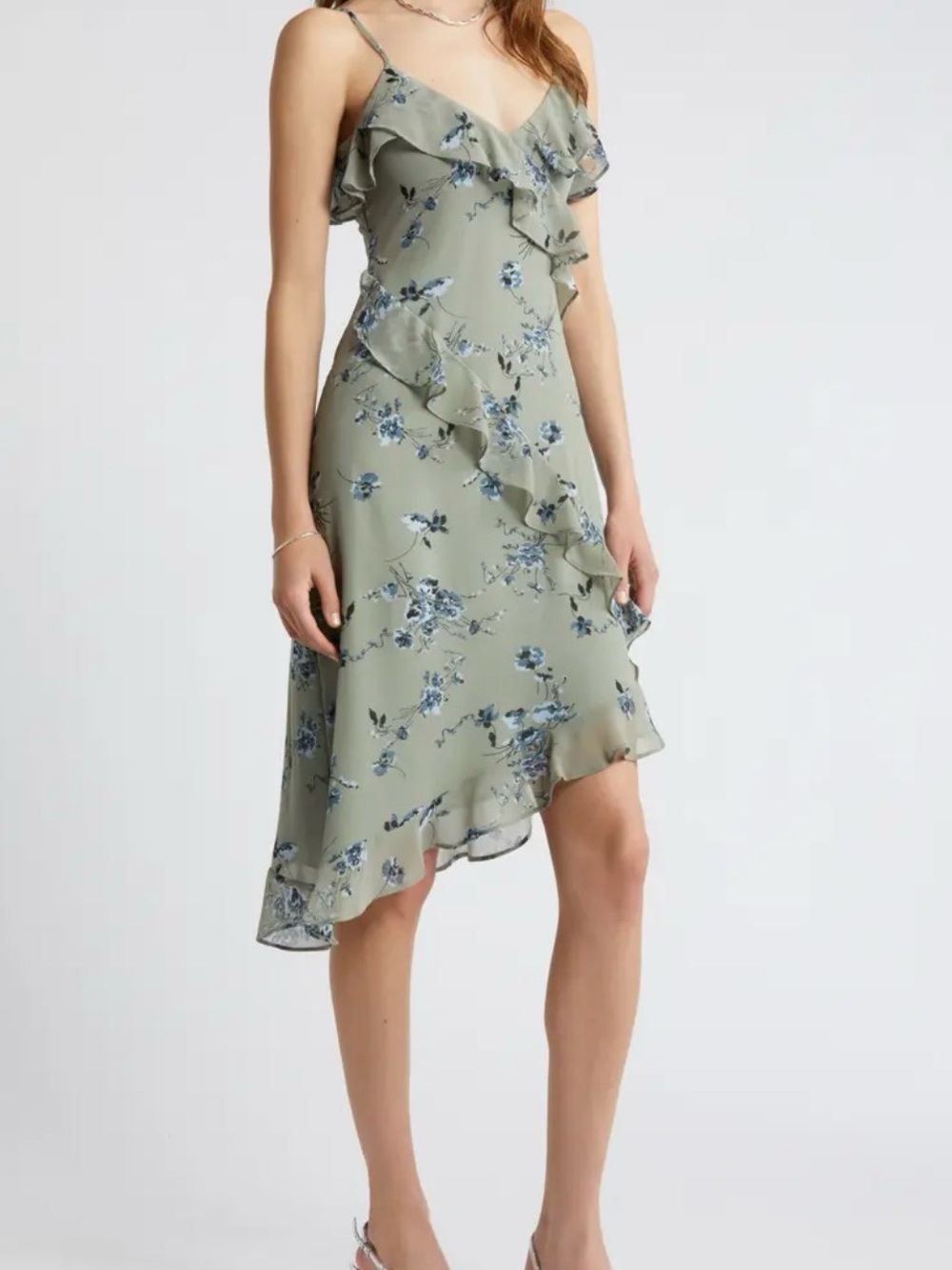 Ruffled Floral High-Low Slip Dress in Sage Green